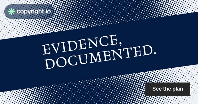 Social ad for copyright.io: "Evidence, documented." Split block style, diagonal layout, dark palette in blue, grey.