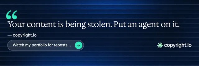 X header for copyright.io: "Evidence, documented." Agentic glass style, quote layout, dark palette in blue, black.