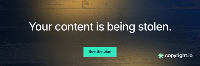 X header for copyright.io: "Your content is being stolen." Swiss style, centred layout, dark palette in black, grey, blue.