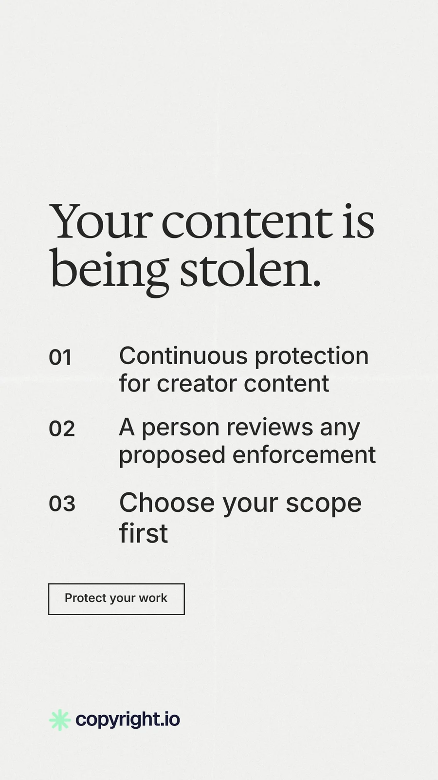 Instagram story for copyright.io: "Your content is being stolen." Editorial style, numbered layout, light palette in white.