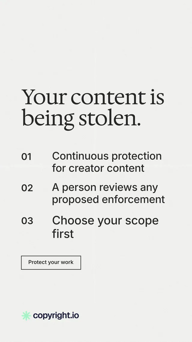 Instagram story for copyright.io: "Your content is being stolen." Editorial style, numbered layout, light palette in white.