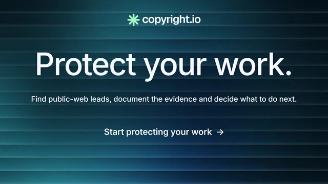 Landscape graphic for copyright.io: "Protect your work." Minimal luxury style, centred layout, dark palette in blue, black, teal.