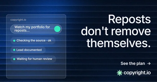 Social ad for copyright.io: "Reposts don't remove themselves." Minimal luxury style, right layout, dark palette in blue, black.