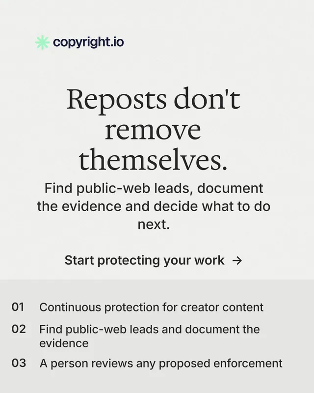 Instagram portrait post for copyright.io: "Reposts don't remove themselves." Minimal luxury style, skeleton layout, light palette in white, grey.