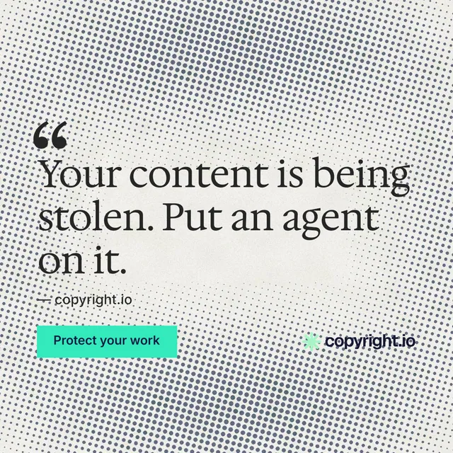 Instagram post for copyright.io: "Continuous protection for creators." Retro print style, quote layout, light palette in white, grey.