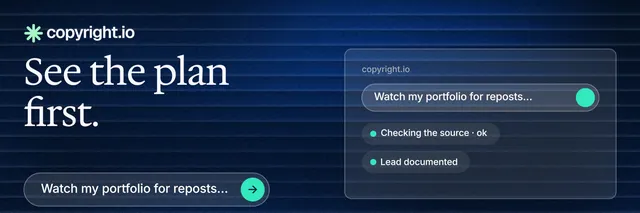 X header for copyright.io: "See the plan first." Agentic glass style, bottom layout, dark palette in blue, black.