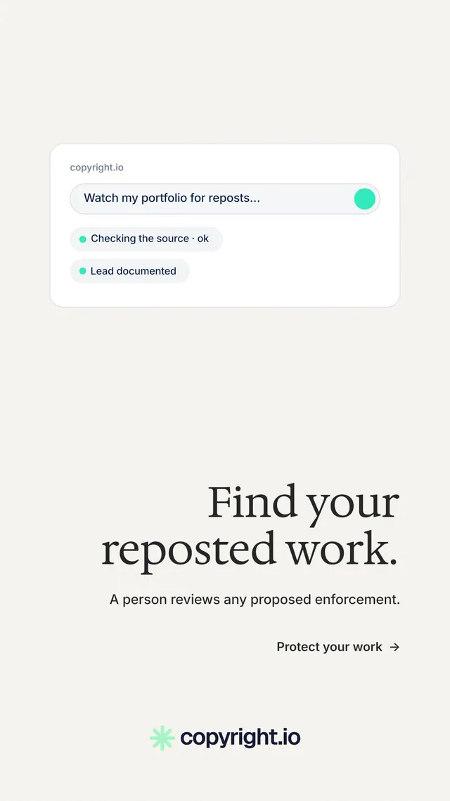 Instagram story for copyright.io: "Find your reposted work." Minimal luxury style, right layout, light palette in white.