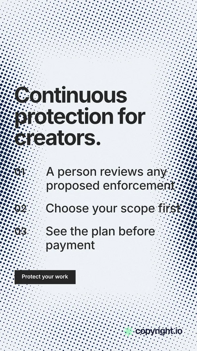 Instagram story for copyright.io: "Continuous protection for creators." Swiss style, numbered layout, light palette in blue, grey, white.