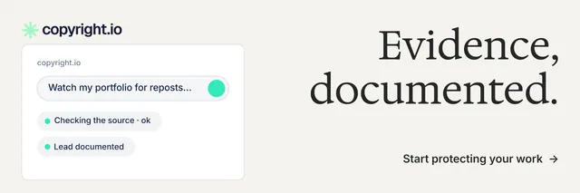 X header for copyright.io: "Evidence, documented." Minimal luxury style, right layout, light palette in white, grey.