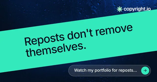 Social ad for copyright.io: "Reposts don't remove themselves." Agentic glass style, diagonal layout, dark palette in teal, black, blue.