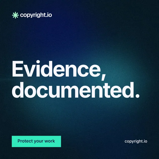Instagram post for copyright.io: "Evidence, documented." Swiss style, poster layout, dark palette in blue, black, teal.