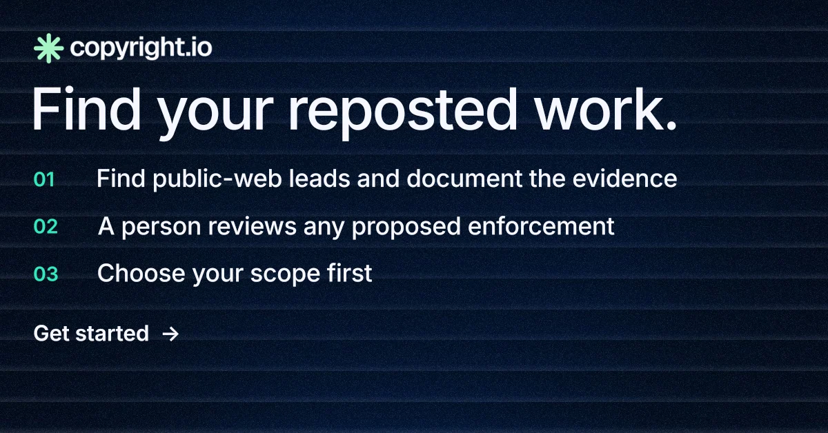 Social ad for copyright.io: "Find your reposted work." Minimal luxury style, numbered layout, dark palette in black, blue.