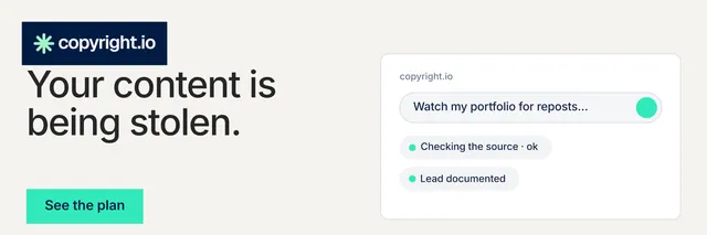 X header for copyright.io: "Your content is being stolen." Swiss style, bottom layout, light palette in white, grey.