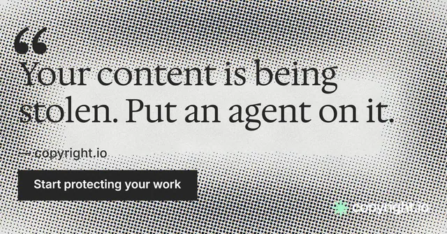 Social ad for copyright.io: "Your content is being stolen." Swiss style, quote layout, light palette in grey, white.