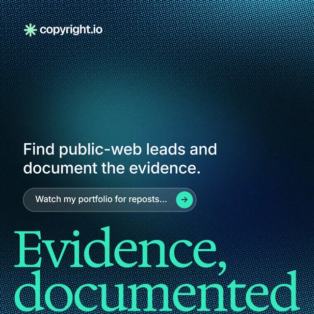 Instagram post for copyright.io: "Reposts don't remove themselves." Agentic glass style, oversized layout, dark palette in blue, teal, black.