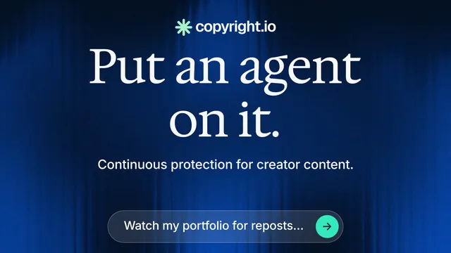 Landscape graphic for copyright.io: "Put an agent on it." Agentic glass style, centred layout, dark palette in blue, black.