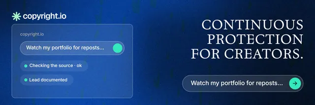 X header for copyright.io: "Continuous protection for creators." Agentic glass style, right layout, dark palette in blue.