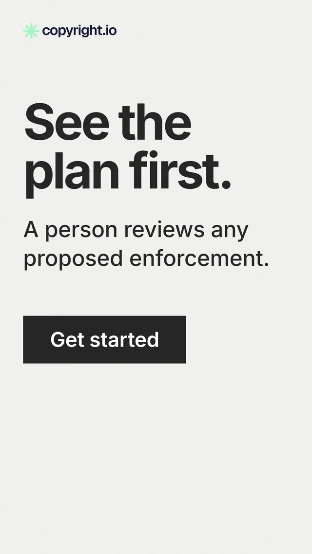 Instagram story for copyright.io: "See the plan first." Swiss style, skeleton layout, light palette in white, grey.