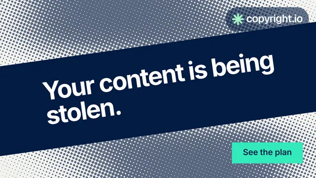 Landscape graphic for copyright.io: "Your content is being stolen." Swiss style, diagonal layout, dark palette in blue, grey.