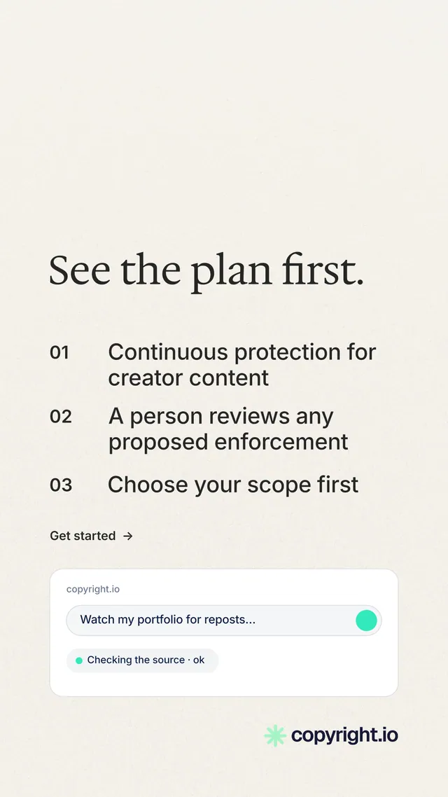 Instagram story for copyright.io: "See the plan first." Minimal luxury style, numbered layout, light palette in white.