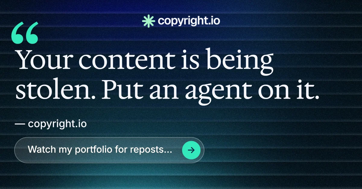 Social ad for copyright.io: "Put an agent on it." Agentic glass style, quote layout, dark palette in blue, black.