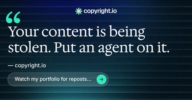 Social ad for copyright.io: "Put an agent on it." Agentic glass style, quote layout, dark palette in blue, black.