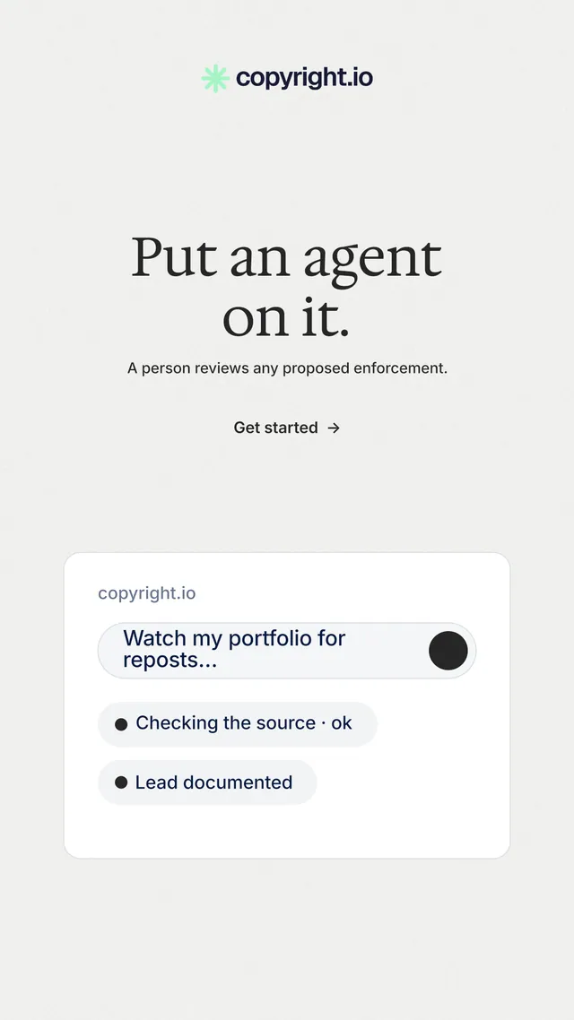 Instagram story for copyright.io: "Put an agent on it." Minimal luxury style, centred layout, light palette in white.