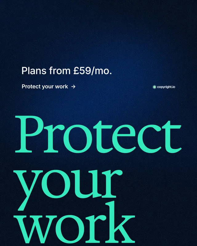 Instagram portrait post for copyright.io: "Find your reposted work." Minimal luxury style, oversized layout, dark palette in blue, black, teal.