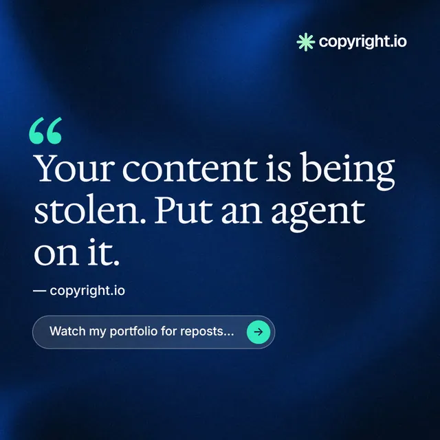Instagram post for copyright.io: "Reposts don't remove themselves." Agentic glass style, quote layout, dark palette in blue, black.