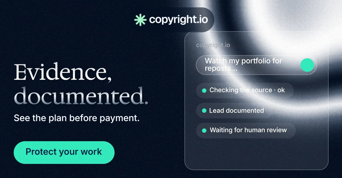 Social ad for copyright.io: "Evidence, documented." Y2K style, bottom layout, dark palette in black, blue, teal.