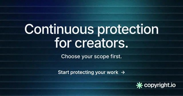 Social ad for copyright.io: "Continuous protection for creators." Minimal luxury style, centred layout, dark palette in blue, black.
