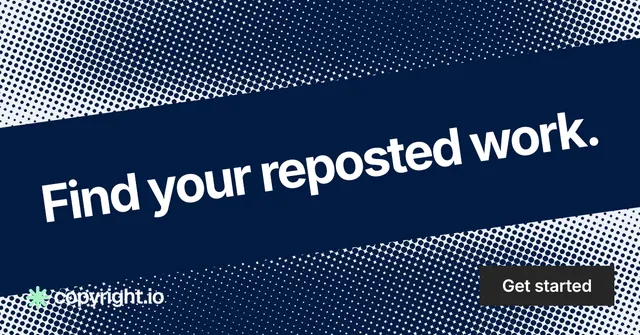 Social ad for copyright.io: "Find your reposted work." Swiss style, diagonal layout, dark palette in blue, grey.