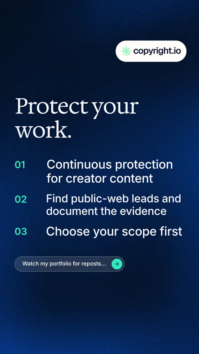 Instagram story for copyright.io: "Protect your work." Agentic glass style, numbered layout, dark palette in blue, black, grey.