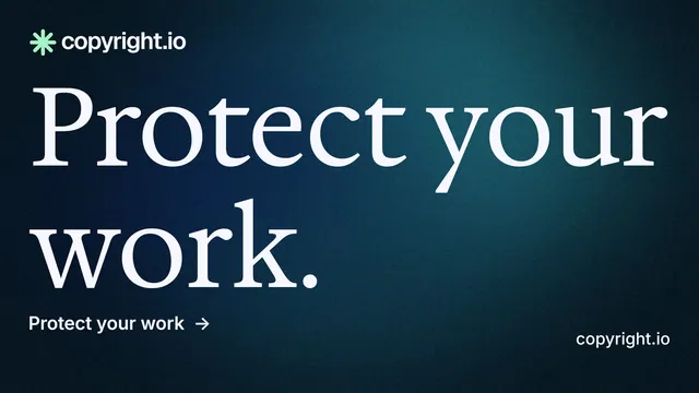 Landscape graphic for copyright.io: "Protect your work." Minimal luxury style, poster layout, dark palette in blue, black.