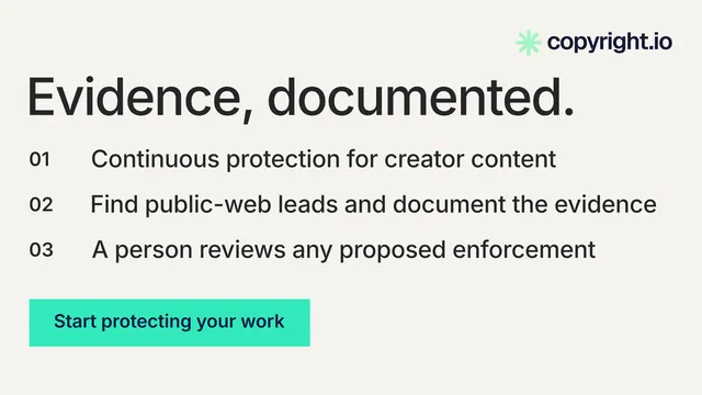 Landscape graphic for copyright.io: "Evidence, documented." Swiss style, numbered layout, light palette in white, teal, green.