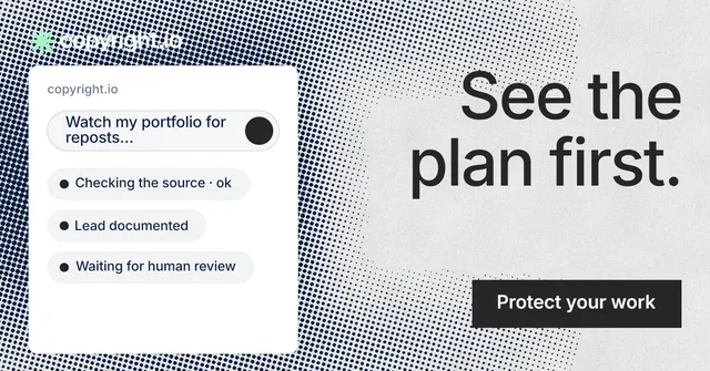 Social ad for copyright.io: "See the plan first." Swiss style, right layout, light palette in white, grey.