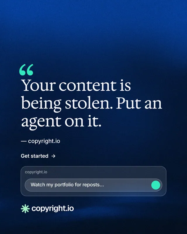 Instagram portrait post for copyright.io: "Reposts don't remove themselves." Minimal luxury style, quote layout, dark palette in blue, black.