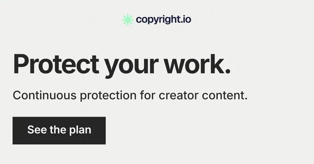 Social ad for copyright.io: "Protect your work." Swiss style, skeleton layout, light palette in white, grey.
