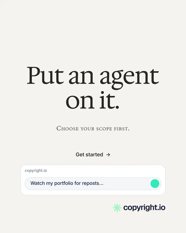 Instagram portrait post for copyright.io: "Put an agent on it." Editorial style, smallcaps layout, light palette in white, grey.