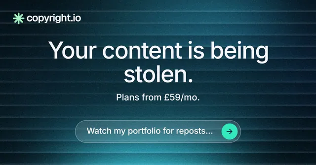 Social ad for copyright.io: "Your content is being stolen." Agentic glass style, centred layout, dark palette in blue, black, teal.