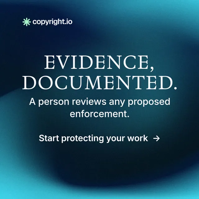 Instagram post for copyright.io: "Evidence, documented." Minimal luxury style, skeleton layout, dark palette in black, blue, teal.