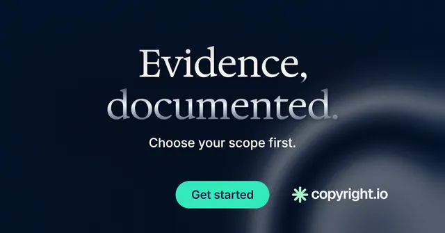 Social ad for copyright.io: "Evidence, documented." Y2K style, centred layout, dark palette in black, blue.