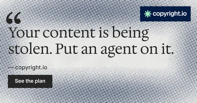 Social ad for copyright.io: "Reposts don't remove themselves." Swiss style, quote layout, light palette in grey, white.