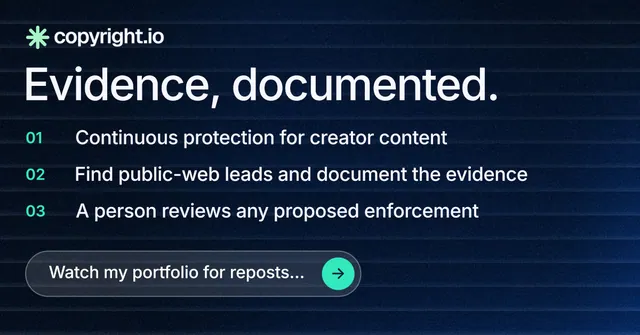 Social ad for copyright.io: "Evidence, documented." Agentic glass style, numbered layout, dark palette in blue, black.