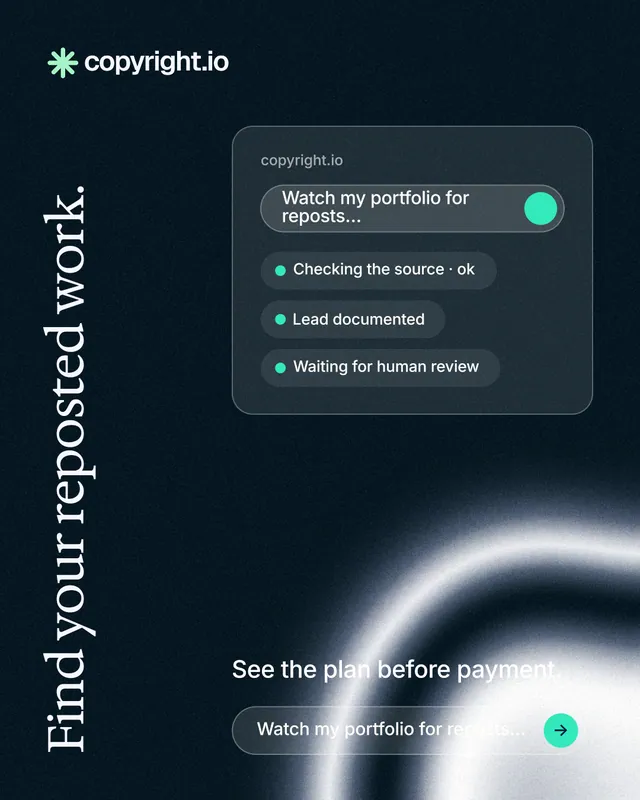 Instagram portrait post for copyright.io: "Find your reposted work." Agentic glass style, vertical layout, dark palette in blue, black, grey.