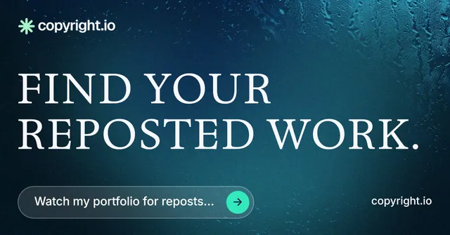 Social ad for copyright.io: "Find your reposted work." Agentic glass style, poster layout, dark palette in blue, black.