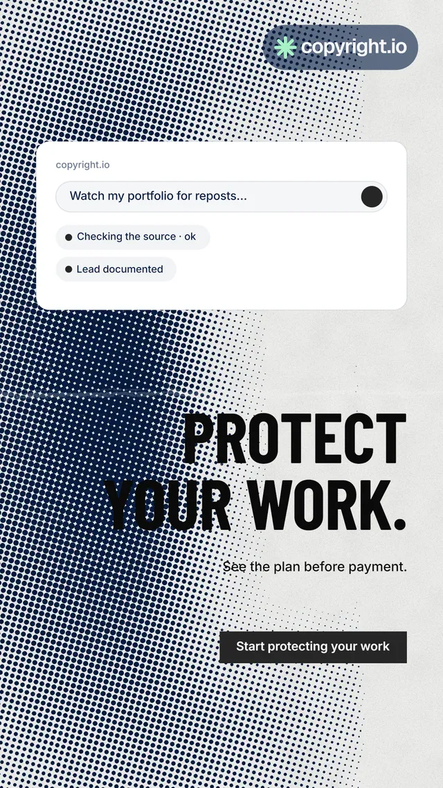 Instagram story for copyright.io: "Protect your work." Retro print style, right layout, light palette in grey, blue, white.