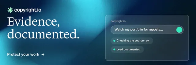 X header for copyright.io: "Evidence, documented." Minimal luxury style, bottom layout, dark palette in blue, teal, black.