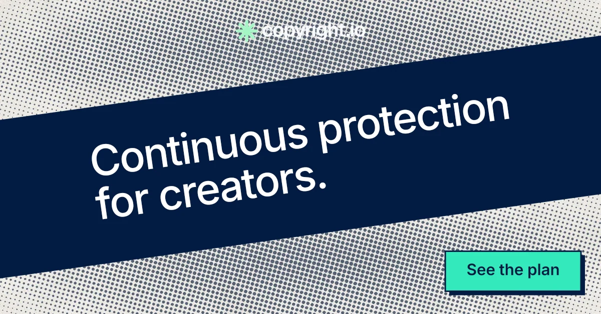 Social ad for copyright.io: "Continuous protection for creators." Brutalist style, diagonal layout, light palette in blue, grey.