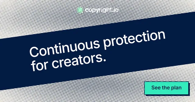 Social ad for copyright.io: "Continuous protection for creators." Brutalist style, diagonal layout, light palette in blue, grey.